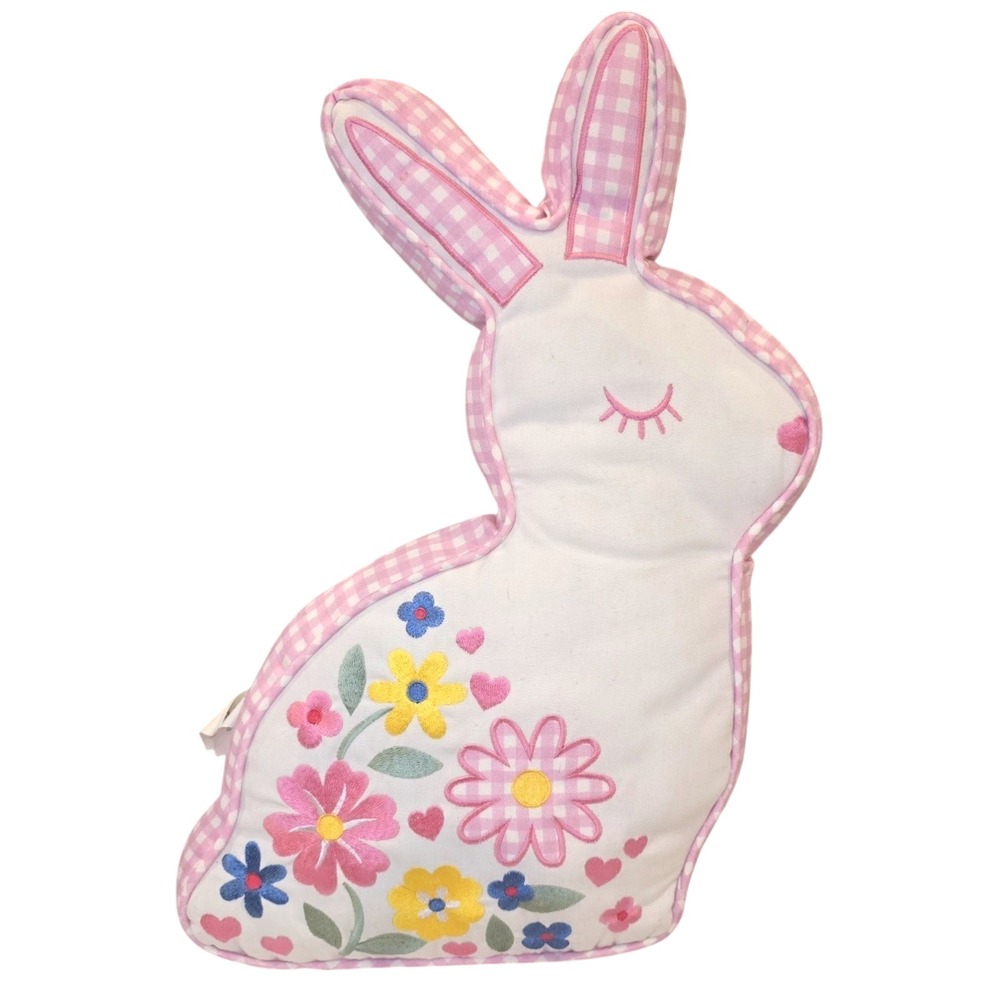 Farmhouse Rachel Ashwell Rabbit Bunny Shaped Pillow Pink Gingham Flowers Easter‎